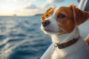 The dog, content and elated, enjoys the warmth of the sun on the yachts deck photo