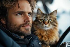 A domestic cat with a playful expression sits by the yachts steering wheel photo