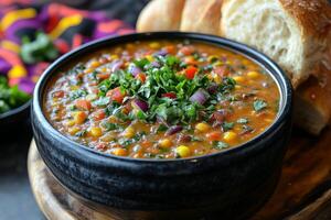 a steaming bowl of West African peanut soup, served with fresh bread rolls and a side of vegetables, with vibrant traditional fabrics in the background photo