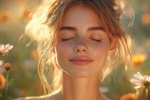 a woman closing her eyes and smiling as she feels the sun on her face, standing in a blooming garden, soft and warm golden hour light photo