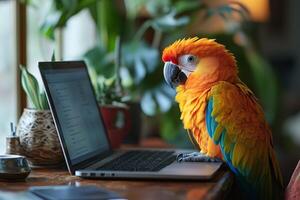 a parrot perched on a laptop keyboard during a virtual meeting, colorful home office decor in the background, natural daylight photo