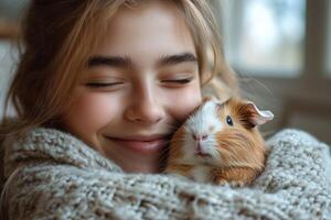 a teenager holding a guinea pig close to their chest, smiling, sitting in a bright, tidy bedroom, natural light from a large window photo
