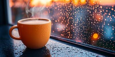The morning light shines on a cup of coffee placed on a windowsill, dew on the glass photo