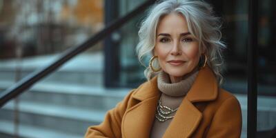 a fashionable senior woman in a long coat and statement jewelry, posing confidently on a staircase, empty right side for copy space photo