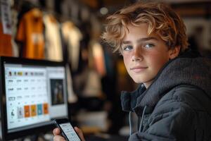a teenage boy checking analytics on his smartphone while uploading a new design to his print-on-demand shop, with his computer screen showing product mockups photo