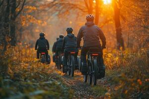 a mixed-ability cycling group on a scenic trail, adaptive bikes included, green nature setting photo