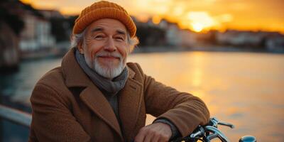 a senior man in a casual yet trendy outfit, leaning on a bicycle near a waterfront, scenic view with copy space on the right photo