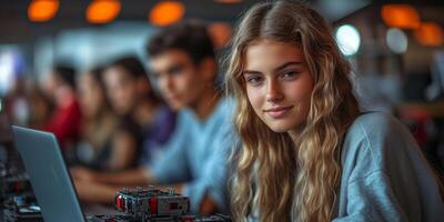 a group of teens working on a robotics project, assembling parts and coding on a laptop, with focused expressions photo