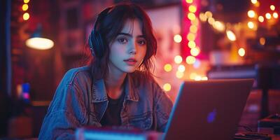 a teenage musician composing a song on a laptop, with a guitar and headphones nearby, glowing LED lights creating a vibrant atmosphere, and space on the right for text photo