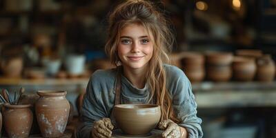 a teen ceramic artist shaping a clay pot on a pottery wheel, surrounded by tools and finished works, with a rustic studio setting and space on the right for branding photo
