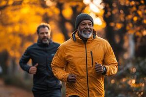 a visually impaired man jogging with a guide partner photo
