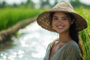 a woman managing an irrigation system in a rice field photo