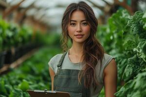 a woman standing confidently in the middle of a farm photo