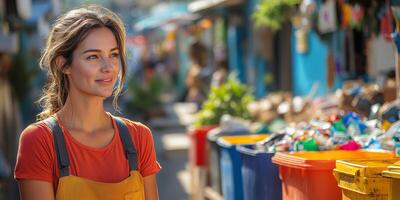 a woman leading a recycling initiative, speaking to volunteers sorting materials into bins photo