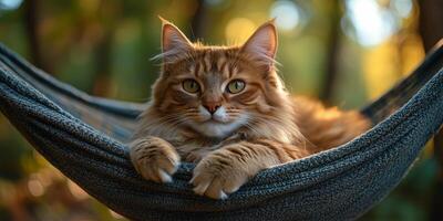 a cat lounging in a hammock tied between trees near a campsite, scenic forest background with plenty of blank space on the right for text, soft afternoon light photo