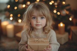 A joyful child excitedly unwrapping a gift under a fairy lit Christmas tree, feeling pure euphoria photo