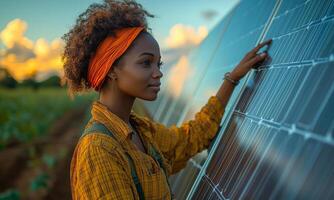 a woman entrepreneur managing a small solar energy project in a village, pointing to solar panels being installed by her team, with a clear blue sky and soft sunlight enhancing the scene photo