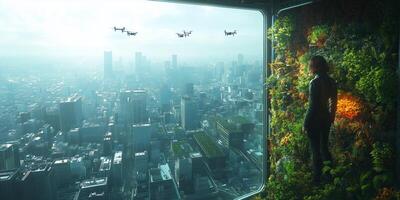 a futuristic agricultural tower, with drone based crop maintenance and a self sustaining ecosystem visible through glass walls, surrounded by a clean cityscape photo