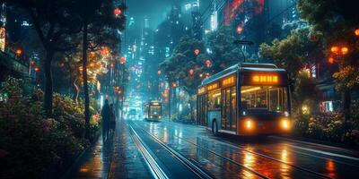 The smart, autonomous bus exemplifies the evolution of public transport, operating efficiently at night with minimal environmental impact photo