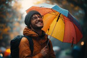a man laughing as he walks through a park in the rain, holding a colorful umbrella, vibrant greenery in the background, soft diffused light photo