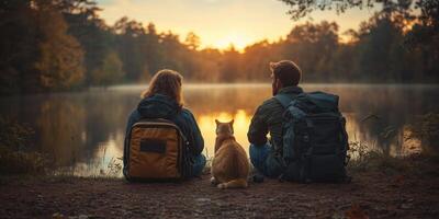 A cheerful couple relaxes by the lake, their cat curiously observing nature photo