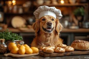 a dog wearing a chefs hat and sitting at a kitchen counter, surrounded by baking ingredients and looking up at the camera, cozy kitchen setting with warm lighting photo