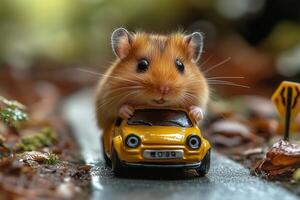 A small hamster enjoys its ride in a tiny toy car, full of cheerful energy photo