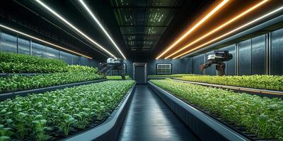 A vertical farm with hydroponic rows exemplifies the evolution of agriculture, utilizing minimal space for maximum yield photo