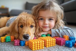 A delighted child and a puppy share an affectionate moment, lying together in bliss photo