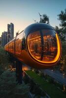 A futuristic monorail system connects a pedestrian pathway powered by solar energy photo