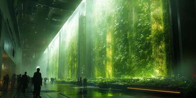 a futuristic mall featuring a vertical farm at its center, where shoppers walk by glowing rows of vegetables growing in transparent panels photo