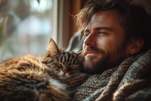 A man and his cat share a joyful moment sitting together on the couch photo