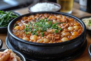 a traditional Korean meal with a central pot of bubbling kimchi jjigae photo
