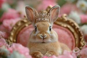 A rabbit sits on a miniature throne, wearing a tiny crown, radiating royal charm and cuteness photo