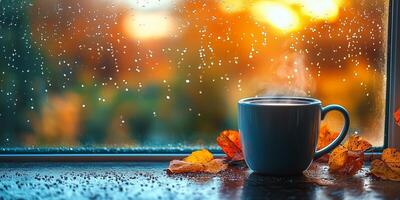 A cup of coffee rests on the windowsill, dew droplets sparkling in the morning light photo