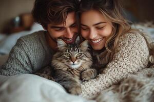 A couple smiles in bed, their cat curled up beside them, radiating love and warmth photo
