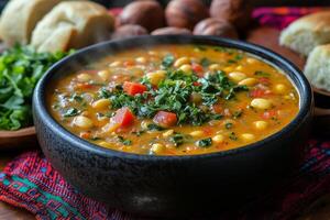 a steaming bowl of West African peanut soup, groundnut stew photo