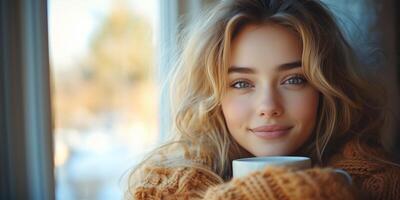 a young woman holding a steaming cup of coffee with a blissful smile, sitting by a window with morning sunlight streaming in, right side empty for text photo