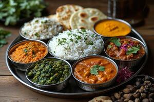 an Indian thali, with a variety of colorful curries, dal, rice, roti, and pickles photo