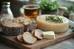 Icelandic fermented shark, hakarl, served on a wooden board, accompanied by rye bread, butter, and a small glass of Brennivin, with soft natural light creating a rustic feel photo