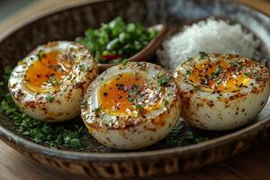 Filipino balut, fertilized duck egg, cracked open and served on a plate with a side of vinegar and salt photo