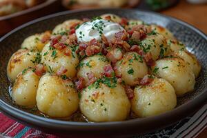 Lithuanian cepelinai - potato dumplings - served on a plate, topped with crispy bacon bits and sour cream photo