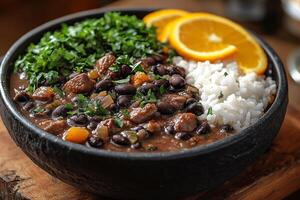 Brazilian feijoada, a hearty black bean stew with pork, served with white rice, collard greens, and orange slices, placed on a rustic wooden table with bright natural lighting photo