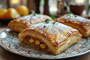 Moroccan bastilla, a golden crispy pie filled with spiced pigeon meat, almonds, and sugar photo