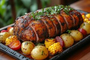Peruvian cuy, roasted guinea pig, presented on a platter with potatoes, corn, and vibrant sauces, garnished with herbs, surrounded by traditional Peruvian decorations, under bright natural light photo