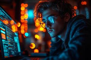 a teenage coder working on a website for their startup photo