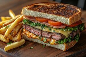 Uruguayan chivito sandwich, layered with steak, ham, cheese, lettuce, and tomatoes photo