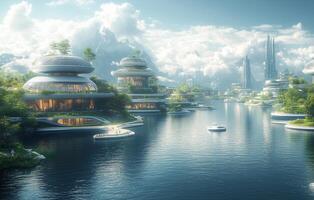a future city harbor, with floating renewable energy platforms, electric boats, and sustainable architecture integrated with water ecosystems, leaving room on the right for text photo