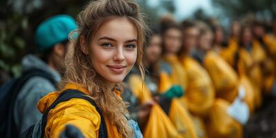 A strong woman leads a cleanup project, managing volunteers with confidence and authority photo