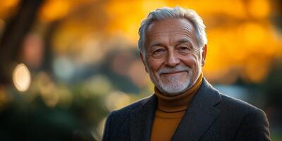 A senior gentleman in a tailored blazer and turtleneck enjoys an outdoor stroll in a lush park photo